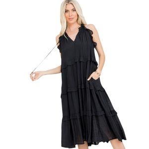 36. Women’s Black Ruffle Tie Front Midi Dress NWT